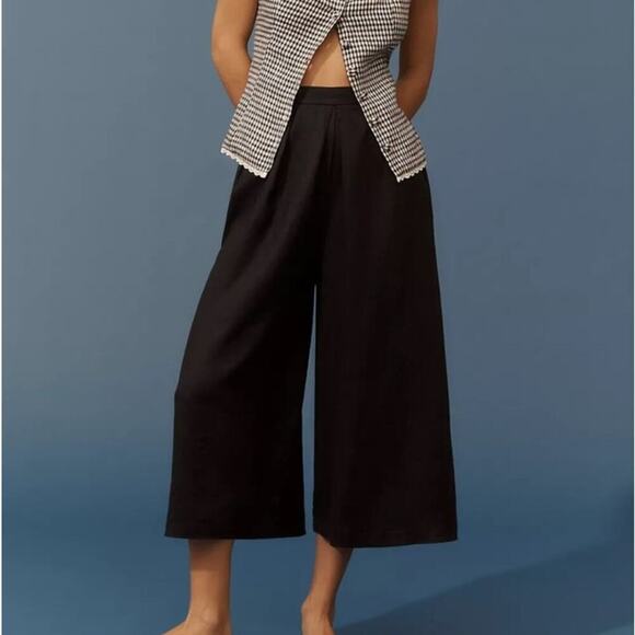 NEW Anthropologie 100% Linen Pleated Culotte Trousers Size XL Black NWT Wide Leg - Picture 2 of 10